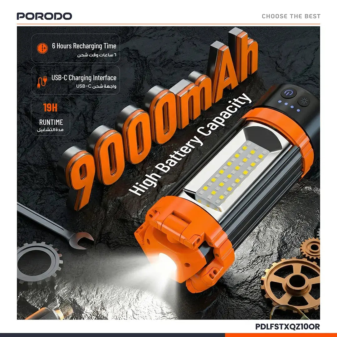 Porodo Lifestyle 9000mAh Work Lantern Foldable Multi-Mode LED Light with Tripod Base & Hook - Orange-PDLFSTXQZ10OR
