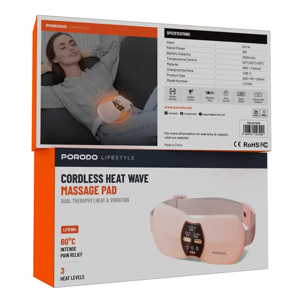 Porodo Lifestyle Cordless Heat Wave Massage Pad - Pink-PDLFST194PK