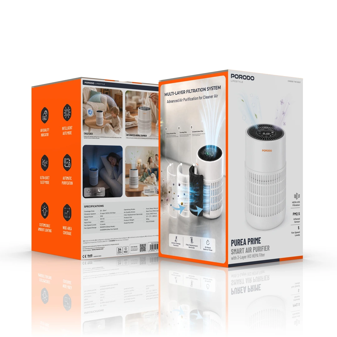 Porodo Lifestyle Purea Prime Smart Air Purifier with 3-Layer H13 HEPA Filter - White