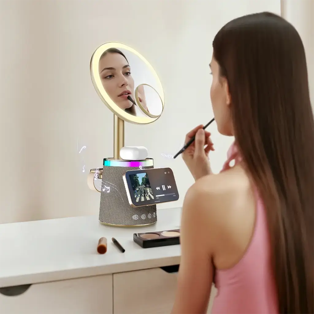 Porodo Makeup Mirror Wireless Charger & Speaker with RGB Lights