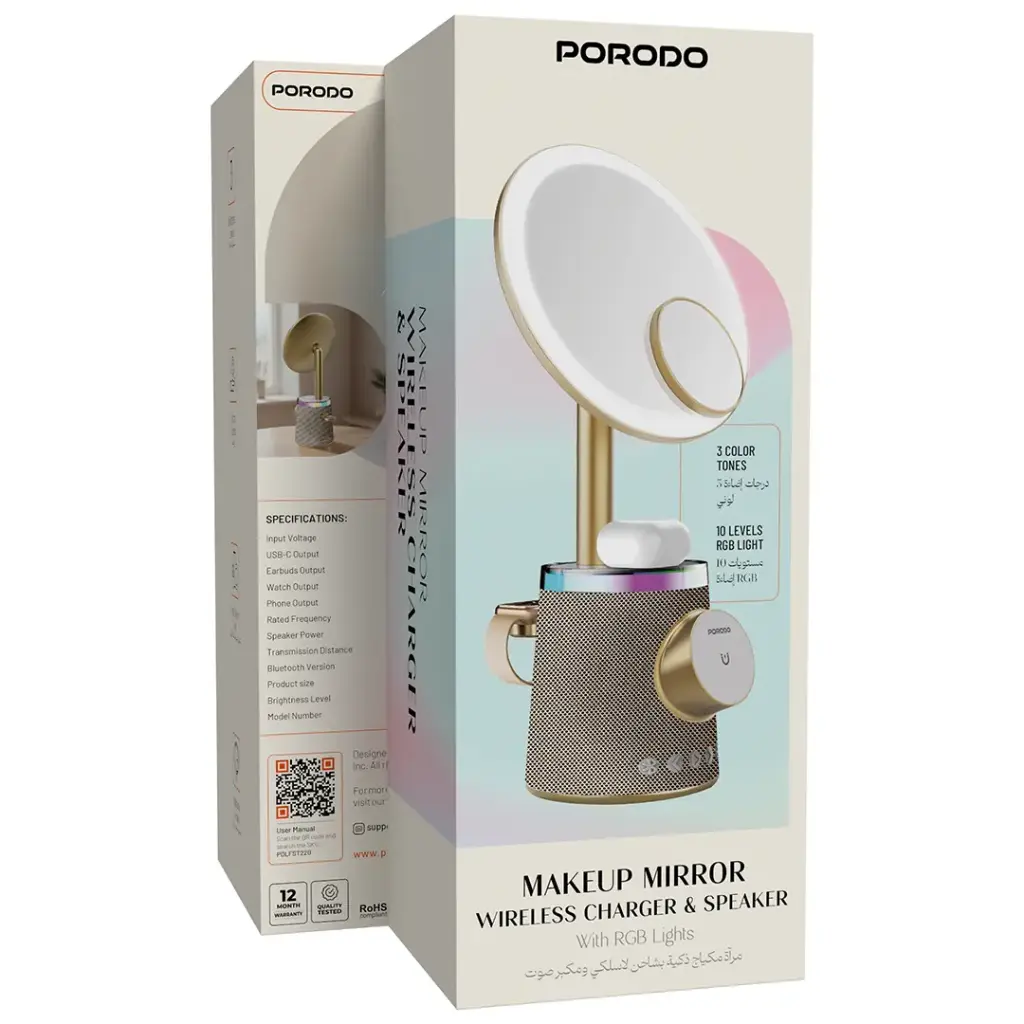 Porodo Makeup Mirror Wireless Charger & Speaker with RGB Lights