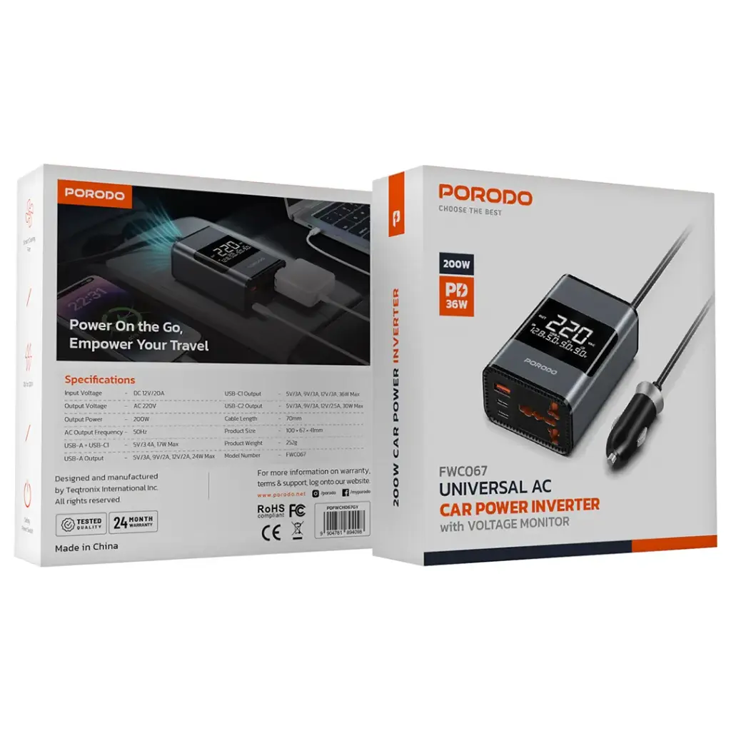 Porodo Universal AC Car Power Inverter - Gray | PDFWCH067