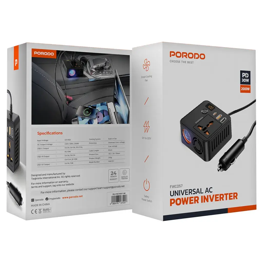 Porodo Universal car  Ac Power Inverter - Black