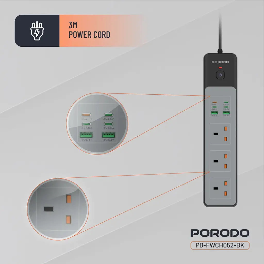 Porodo 3AC | 45W | 300W Power Strip - Black