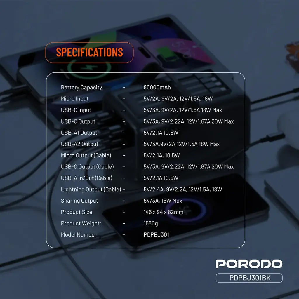 Porodo Lara 80000mAh Power Bank with Integrated Cables & Flashlight - Black