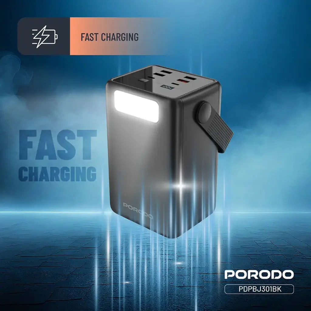 Porodo Lara 80000mAh Power Bank with Integrated Cables & Flashlight - Black