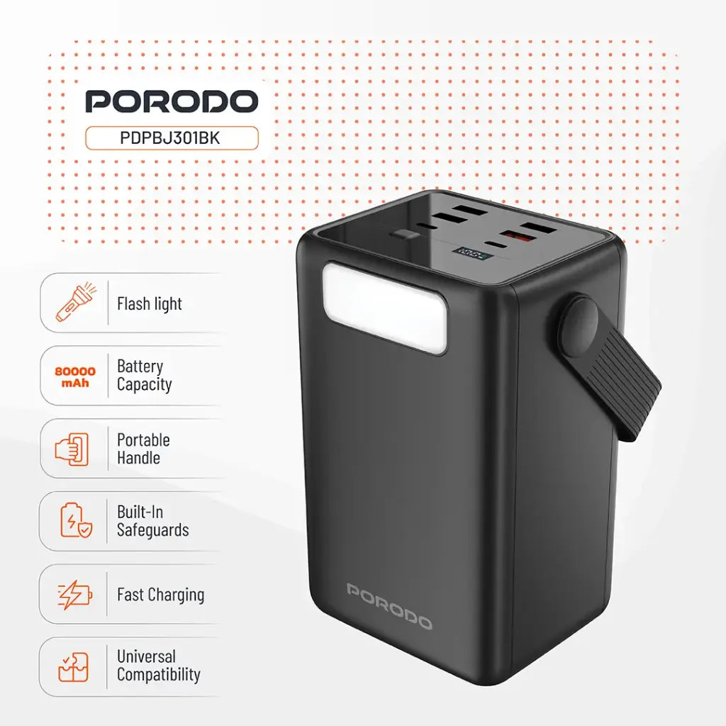 Porodo Lara 80000mAh Power Bank with Integrated Cables & Flashlight - Black
