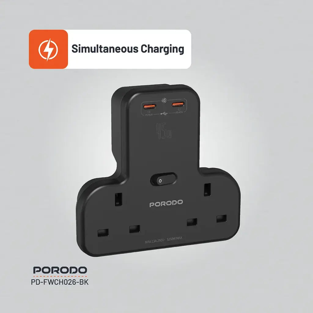 Porodo Multi-Port Wall Socket - Black