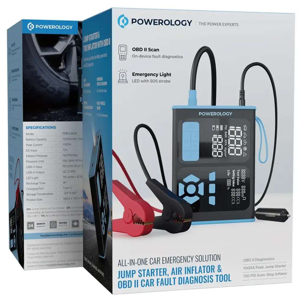 Powerology Jump Starter, Air Inflator & OBD II Car Fault Diagnosis Tool - Black/Blue-PPBCHA95BKBU