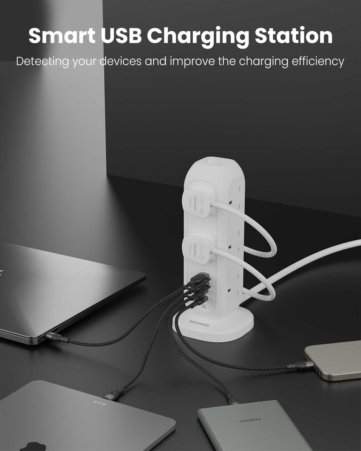 Moxedo Smart-Hub Tower Power Strip Surge Protector 15 in 1 11 AC Sockets + 2 USB-C Ports + 2 USB-A Ports 3250W with 2M Cable Length