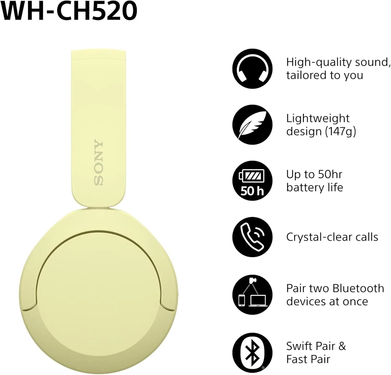 Sony WH-CH520 Wireless Headphone -Yellow