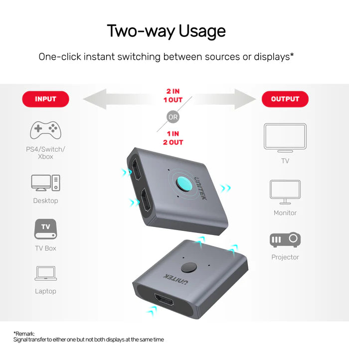 Unitek 4K Aluminium Switch 2-To-1 Bi-Directional, 4K Ultra-HD@60Hz Resolution, Space Grey | V1127A