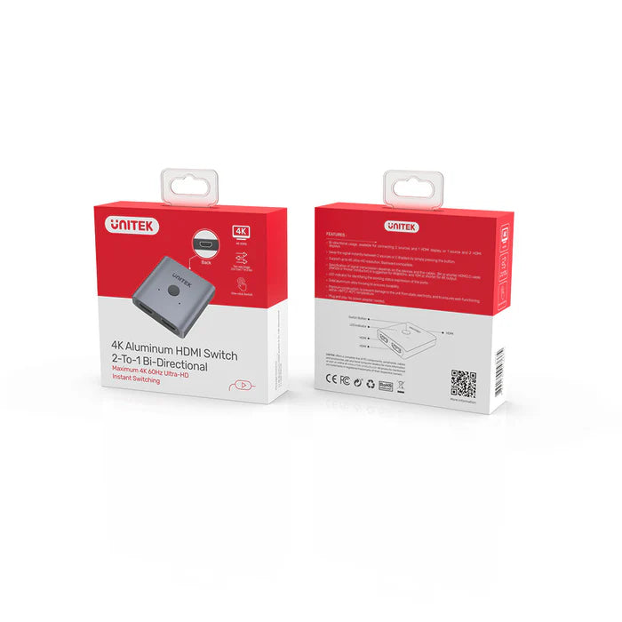 Unitek 4K Aluminium Switch 2-To-1 Bi-Directional, 4K Ultra-HD@60Hz Resolution, Space Grey | V1127A