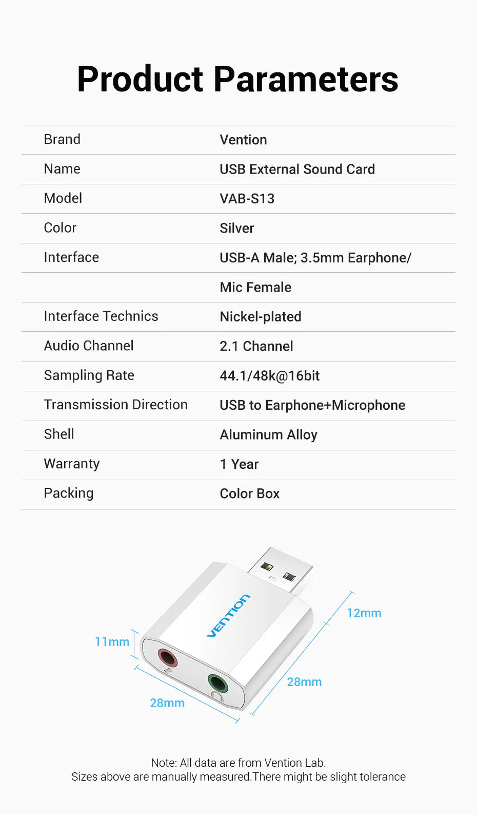 Vention USB External Sound Card Silvery Metal Type