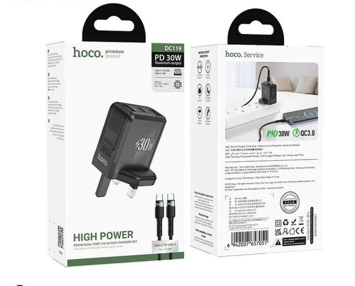 Hoco Dual Port Wall Charger 30W PD+QC with Type-C Cable(DC119)