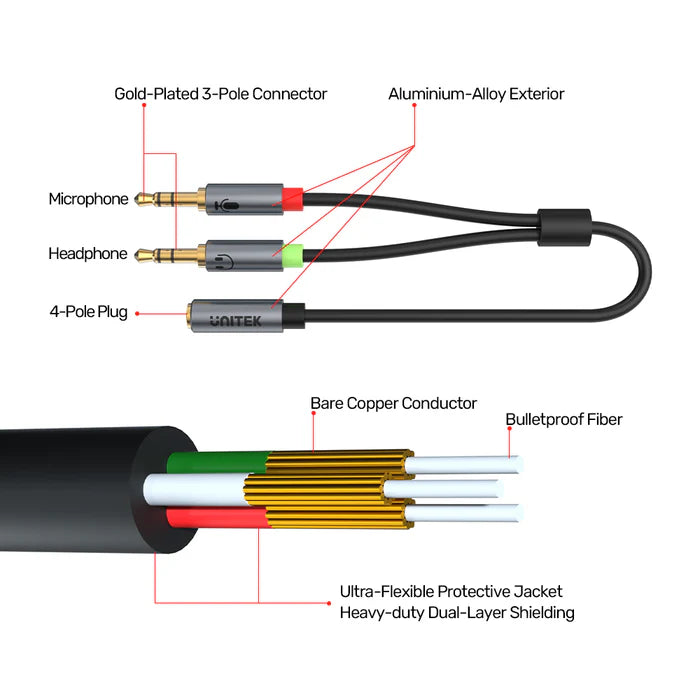 3.5mm AUX Audio Cable with Two Male Jack For Audio In & Out Unitek