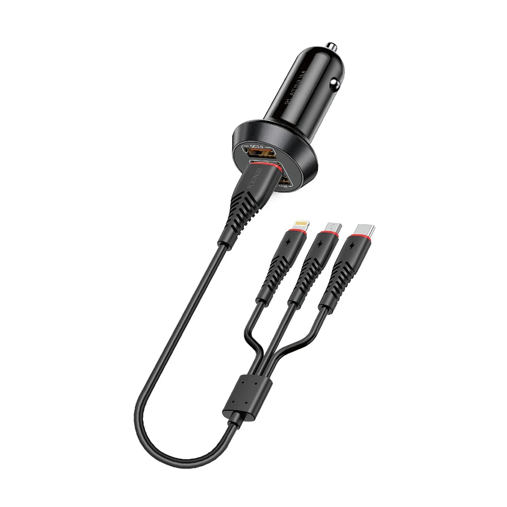 Platinum SMART Series Car Charger QC + 3in1 Cable - Black-P-BDCLAQ3N1