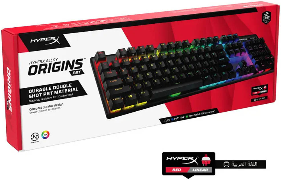 Hyperx Alloy Origins PBT Gaming Keyboard, Full-Size Design, 100% RGB, Red Linear Switch, ENG-ARB Layout, Black