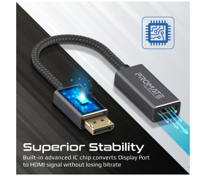 Promate Displayport To Hdmi Adapter With 4K Resolution Nylon Cable - Grey