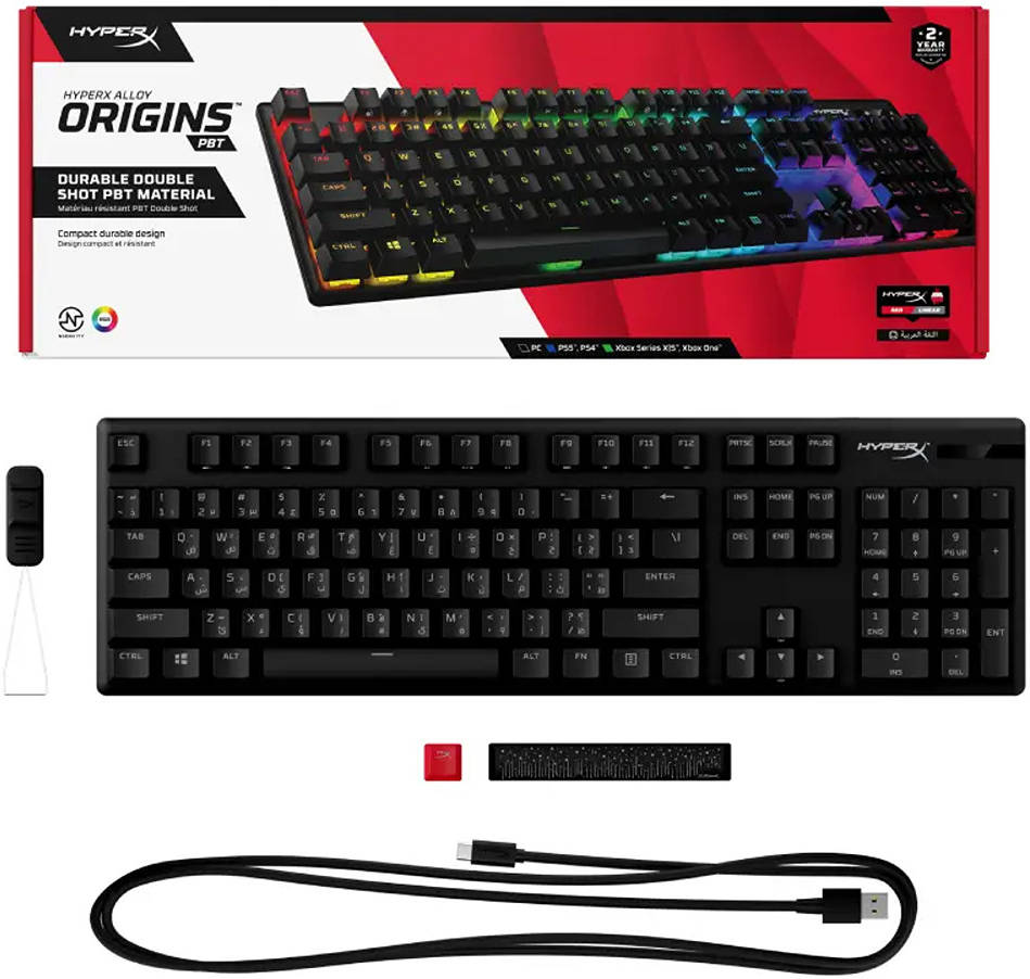 Hyperx Alloy Origins PBT Gaming Keyboard, Full-Size Design, 100% RGB, Red Linear Switch, ENG-ARB Layout, Black