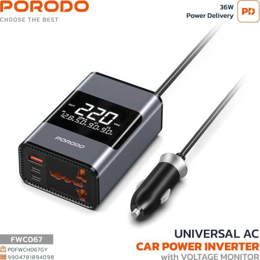 Porodo Universal Car Power Inverter 200W,Car Charger AC Output, Voltage Monitor