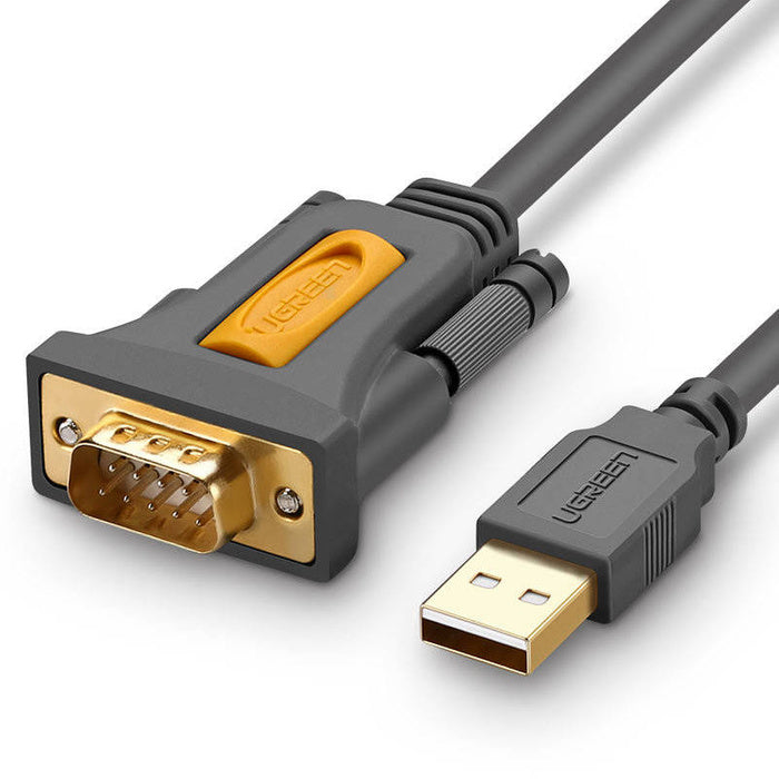 Close view of UGREEN USB-A plug and DB9 male RS232 connector with securing screws